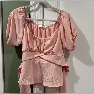 Altar'd State Blush Pink Puff-Sleeve Peplum Top